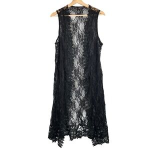 Black Lace Duster w/ Crochet Trim Sz Med Sleeveless Long Witchy Goth Whimsigoth